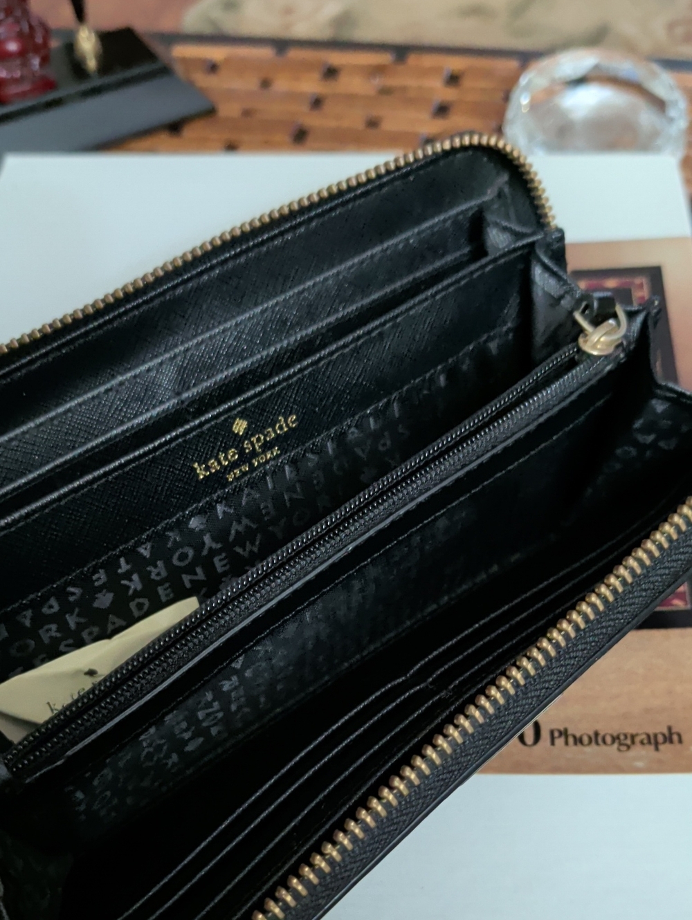 kate spade Black Gold-Tone Zip-Around Wallet